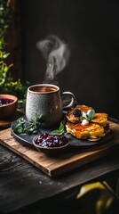 Rustic breakfast scene with steaming herbal tea in a ceramic mug, homemade pancakes with butter, honey and jam, cozy setting with soft linen napkin, warm cottagecore mood, AI generated.
