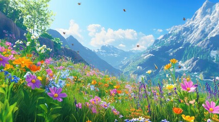 A vibrant meadow bursting with colorful wildflowers and buzzing bees, the whole scene bathed in sunlight under a perfect blue sky