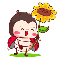 Cute battle lady bug holding sun flower cartoon character. Kawaii animal hand drawn style concept design. Vector art mascot logo icon illustration