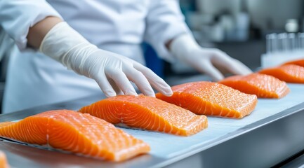 worker handling fresh salmon fillets in seafood processing facility with food safety measures, product line close up
