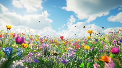 Obraz premium A vibrant spring field covered in colorful wildflowers, with bees buzzing and a brilliant blue sky shining overhead
