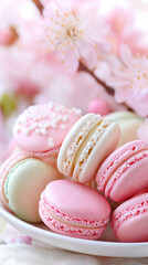Obraz premium Pastel-colored macarons arranged on a plate with cherry blossoms in the background.