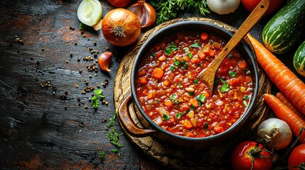Cooking Stew: Onion and Organic Vegetables Around an Empty Pot on the Old Kitchen Table