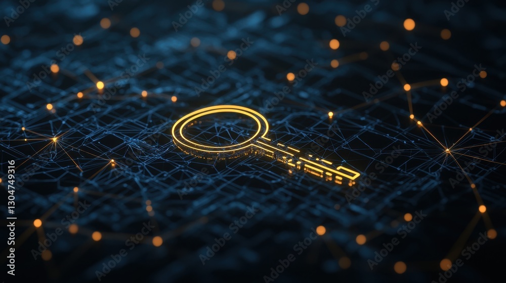 Poster Digital Key Symbolizing Security and Access on a Background of Network Connections and Data Flow Representing Cybersecurity and Technology Concepts