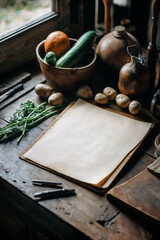 A blank spiral notebook on a red and white checkered table, surrounded by olives and herbs.
