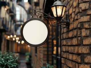 Cozy Boutique Cafe Exterior: Blank Circular Sign on Warm Brick Wall with Elegant Bracket - Ideal for Branding Display