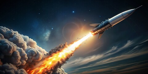 Obraz premium Side View Rocket Launch, Fiery Blast Off, Space Exploration, Cosmic Flight, Powerful Engine Thrust