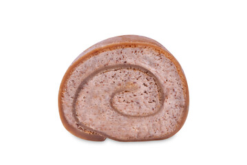 Chocolate crepe rolls with chocolate whipped cream filling on a white isolated background