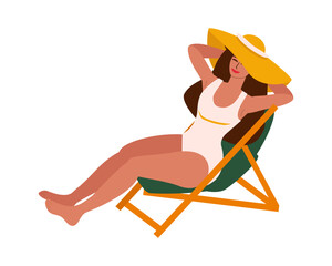 Young woman in swimsuit and straw hat sunbathing, sitting in beach deck chair - vector color flat illustration for banners, postcards, posters, flyers