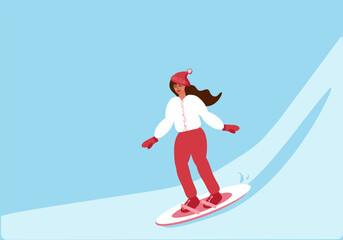 Young woman in ski suit riding downhill on snowboard. Winter extreme sport outdoors. Color flat vector illustration