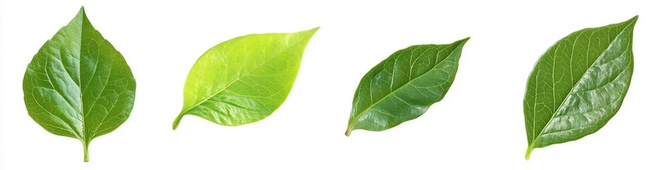 Obraz premium Four green leaves shown from multiple angles isolated on white background. Botanical photography for educational guides or organic product design. 
