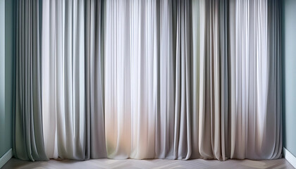 Obraz premium Sheer curtains in soft pastel hues hang against a minimalist room interior, creating an atmosphere of calm and elegance. Subtle light filters through, emphasizing the texture and flow of the fabric