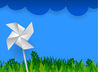 The design of the color page template is in 3d style of a paper cut summer landscape with white clouds, green grass and a toy paper propeller on a blue  background. Vector illustration © Raman Maisei