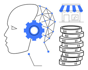 Human head with neural connections and gear, shop building with awning, stacked coins. Ideal for AI, innovation, automation, retail, financial growth technology digital transformation. Flat simple