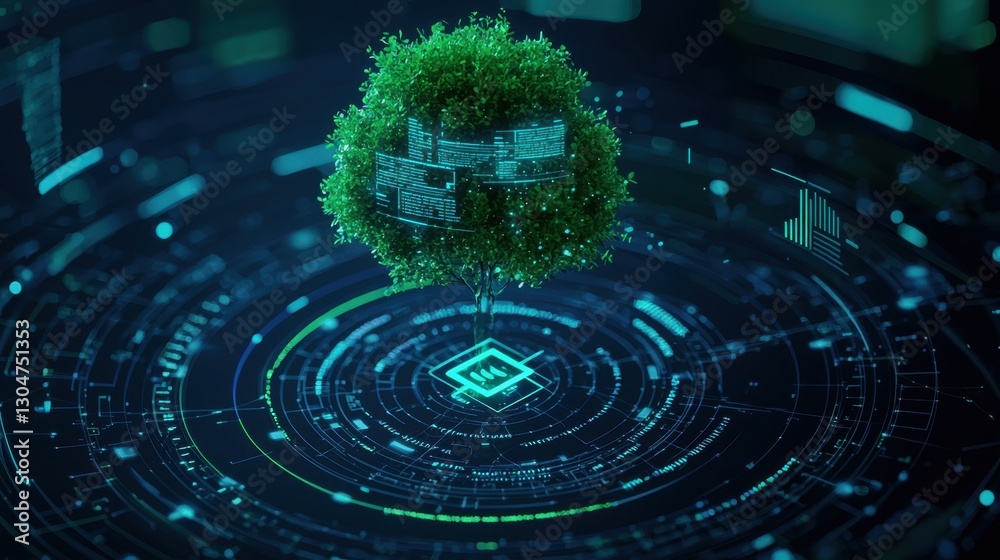 Poster futuristic tree representation with circuit patterns and digital elements in a high-tech environment