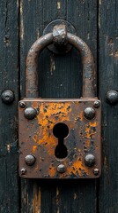 Antique lock on dark wooden door, historical, security, close-up, possible use for museum or history displays