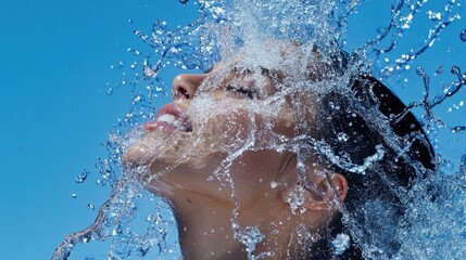 Fototapeta premium Joyful Woman Enhancing Beauty with Water Splash Against Blue Sky