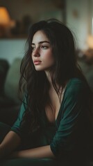 Fototapeta premium Thoughtful young woman with long dark hair in a green dress, lost in contemplation.