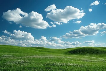 Fototapeta premium Lush Green Meadow with Rolling Hills and Fluffy Clouds under a Bright Blue Sky Serene Landscape