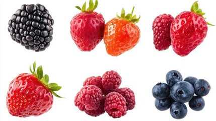 Fresh Assortment of Berries on White Background Featuring Strawberries Raspberries Blueberries and Blackberry