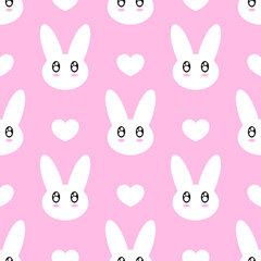 White cute bunnies with kawaii eyes and hearts on pink background. Vector seamless pattern. Best for textile, print, wallpapers, and festive decoration.