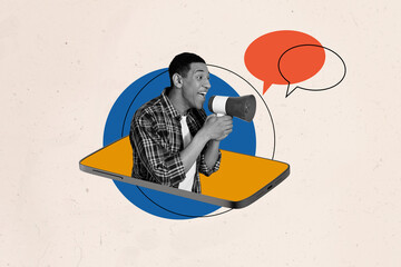 Creative sketch art collage of happy american guy scream megaphone propaganda peek phone screen agitation rebellion concept