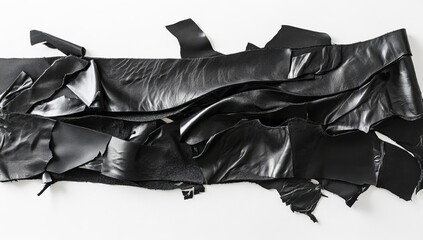 Black leather scraps on white background