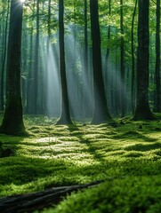 Enchanting forest scene with sunbeams illuminating mossy ground and tall trees in a serene woodland setting capturing nature's beauty