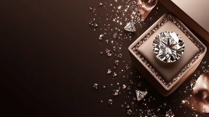 Fototapeta premium Luxury diamond ring in a beige box with scattered diamonds.