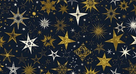 Festive Star Pattern with Gold and White Stars on Dark Background