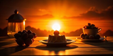 Silhouette of Delicious Dessert on Table, Indoor Setting, Backlit Photography