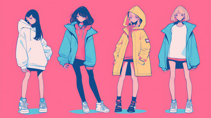 Modern anime-style illustration of four cute girls wearing oversized sweatshirts, vibrant hues with charming design, ideal for artistic projects.