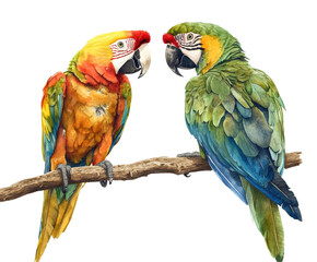 Colorful parrots interacting in nature scene isolated on transparent background png