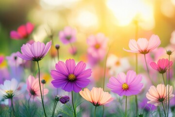Radiant cosmos flowers bloom in a sunlit meadow vibrant hues of pink purple and white create a dreamy floral scene capturing the essence of summer beauty