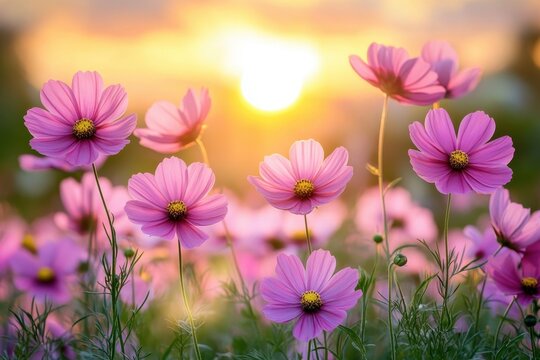 Fototapeta Serene cosmos flowers in a field bathed in golden light at sunset creating a tranquil and romantic scene