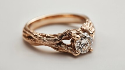 Fototapeta premium Delicate, rose gold ring with intricate wood-like design and a central diamond.