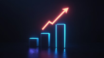 Neon arrow growing over glowing bar graph in dark room