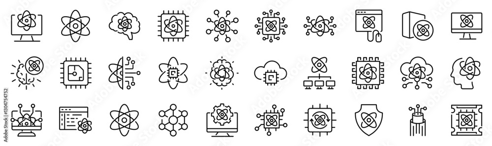 Wall mural set of 30 outline icons related to quantum computing. linear icon collection. editable stroke. vecto