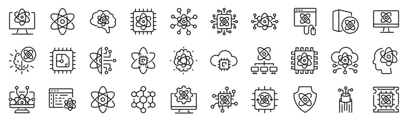 Set of 30 outline icons related to quantum computing. Linear icon collection. Editable stroke. Vector illustration