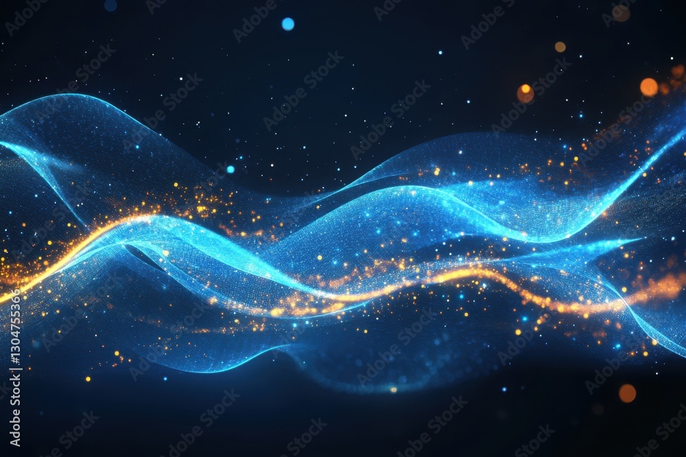 Poster abstract flowing digital wave with glowing particles on dark background creating a futuristic and dy
