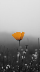 Gray sky, poppy flower, blurred background, simple, clean and minimalist in the field