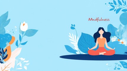 Mindfulness meditation concept: a serene woman, flat vector design. Abstract blue background and decorative leaves and flowers, digital illustration art.Text space.