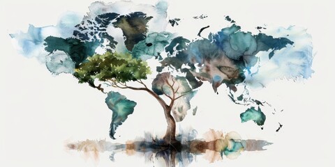 Environmental unity concept with tree over world map in watercolor design. Earth Month