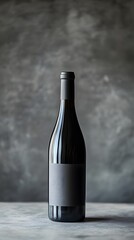 Elegant black wine bottle on a textured gray background, minimalistic design.
