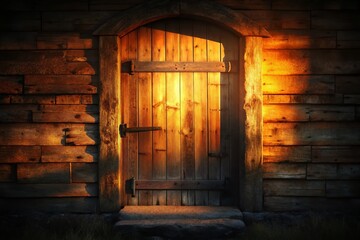 Silhouette of Old Wooden Plank Door in Rustic Brown Wooden Wall - Vintage Building Texture