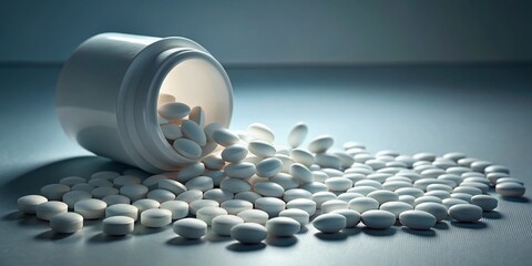Silhouette of Overturned Pill Bottle Spilling White Oval Tablets on Gray Surface - Medicine Concept