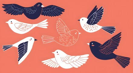 Birds Flying Illustration with Outlined Wings on Coral Background Pattern
