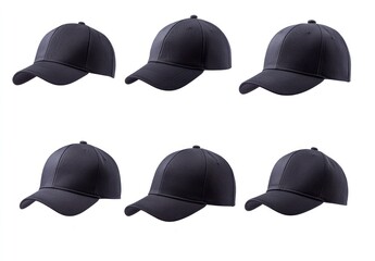 Six black baseball caps, studio shot, white background, apparel mockup