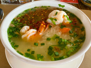 Clear Thai rice soup with shrimps