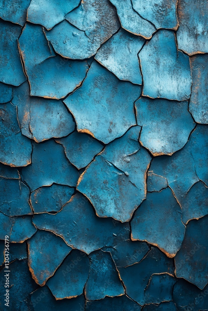 Poster cracked blue paint creating abstract golden lines texture background